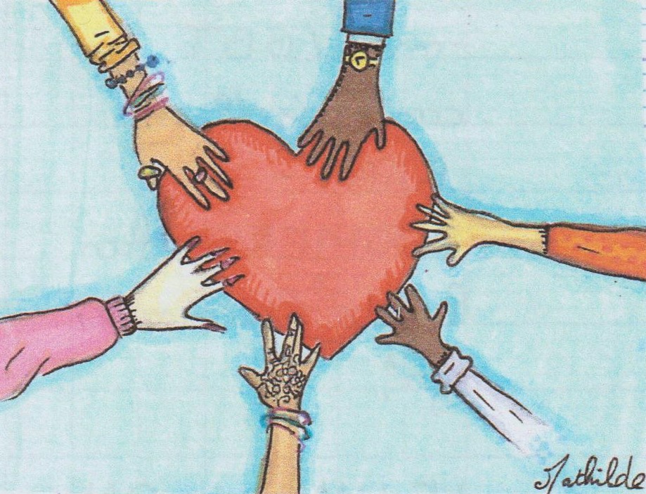 Six mains d'apparences différentes se rejoignent autour d'un coeur